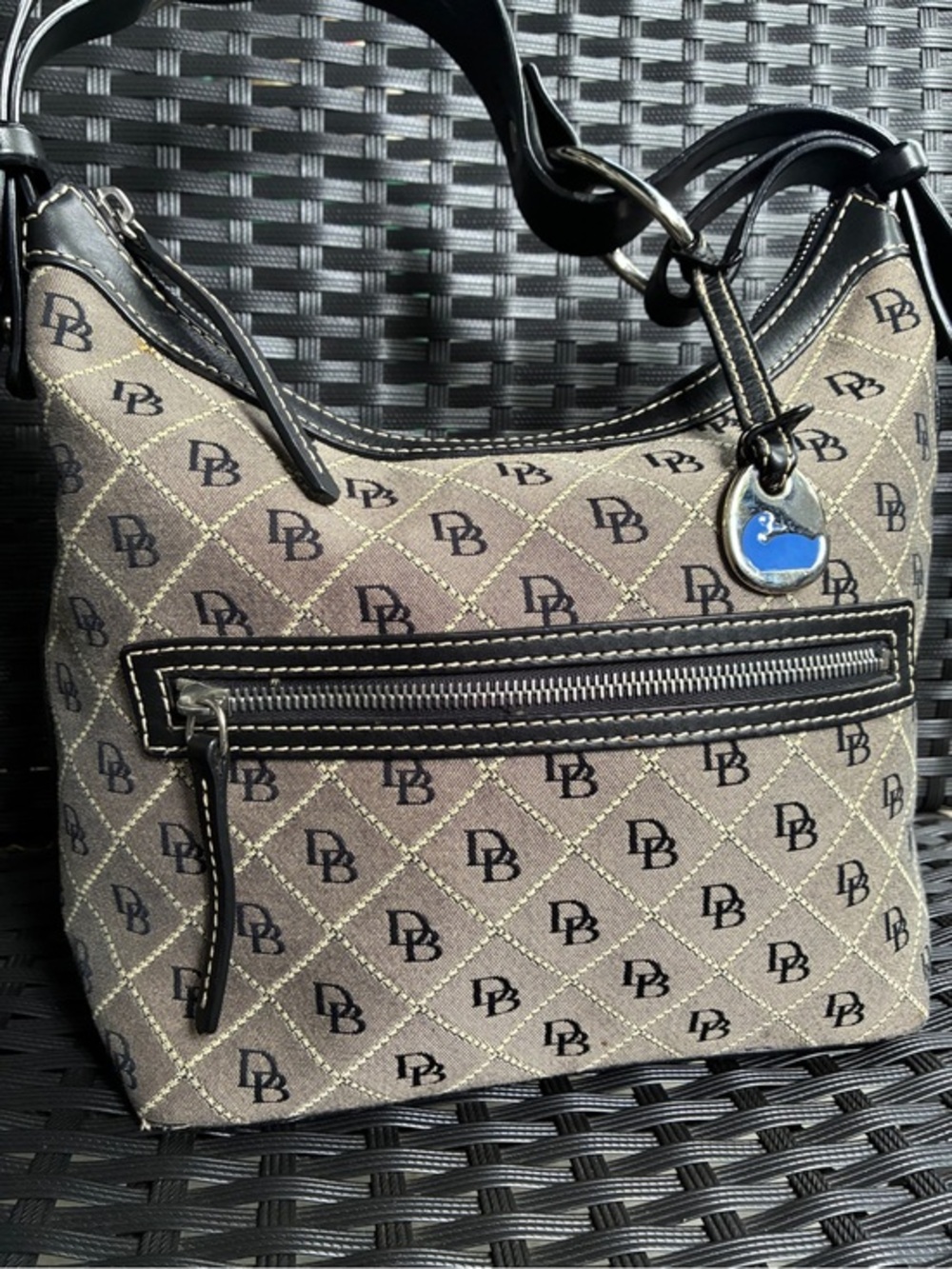 Dooney & Bourke Beige and Black Quilted Logo Shoulder Bag with Charm